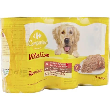 Carrefour companino pâtée pour chien adulte au boeuf, à l'agneau et poulet x3 -3600g