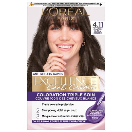 Excellence cool crème coloration triple soin 4.11 châtain ultra cendré