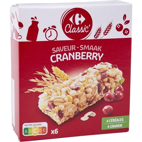 Carrefour classic' barres 4 céréales saveur cranberry x6 - 125g