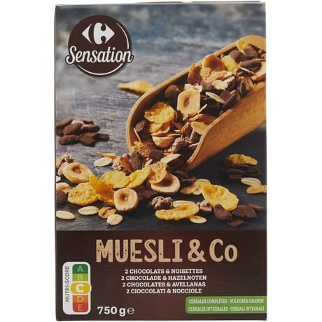 Carrefour sensation muesli & co 2 chocolats & noisettes 750g