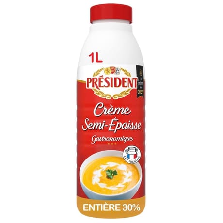 Président crème entière 30%mg semi épaisse bouteille 1l