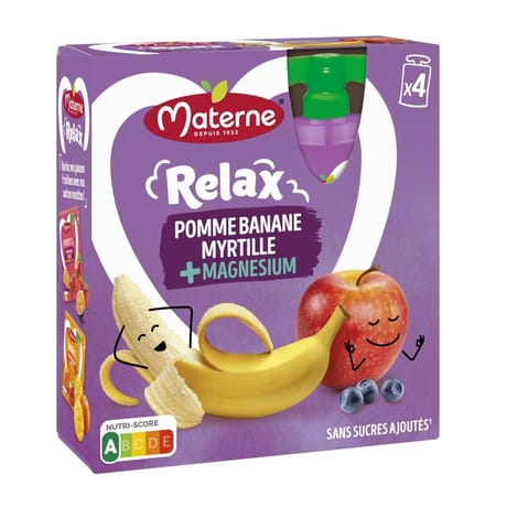 Materne compotes gourdes relax pomme banane myrtille + magnésium 4x90g