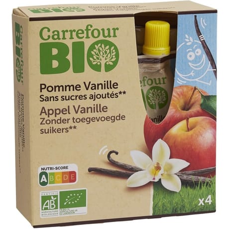 Carrefour bio compote pomme vanille sans sucres ajoutés 4x90g