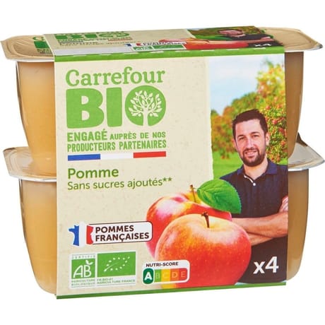 Carrefour bio compotes pommes sans sucre ajoutés bio x4 - 400g