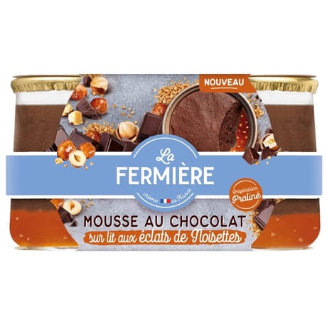 La Fermière mousse au chocolat sur lit de noisettes pralinées 2x87g
