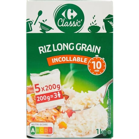 Carrefour classic' riz long grain incollable 10 min lot de 5 sachets de 200g