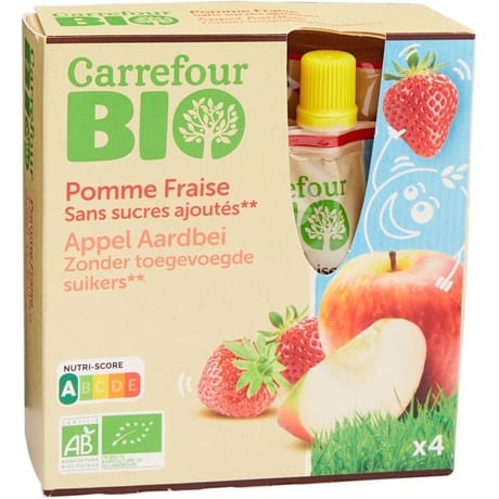Carrefour bio compote pomme fraise sans surcres ajoutés 4x90g