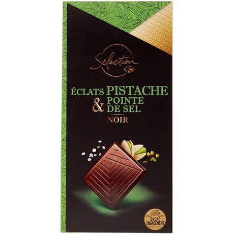 Carrefour sélection chocolat noir éclats pistache & pointe de sel tablette 100g