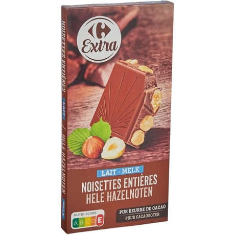 Carrefour extra chocolat au lait noisettes entières tablette 200g