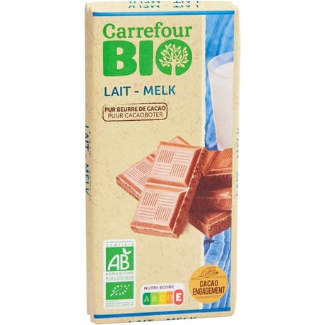 Carrefour bio tablette de chocolat au lait x2 -170g