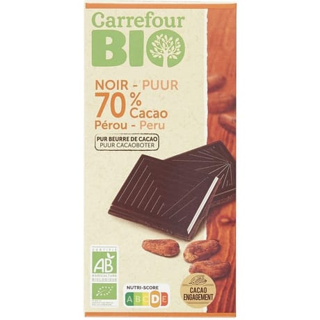 Carrefour bio chocolat noir 70% cacao Pérou bio tablette 100g