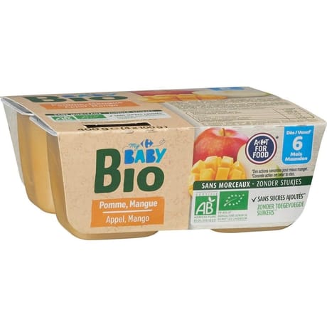 Carrefour baby bio dessert bébé dès 6 mois pomme, mangue 4x100g