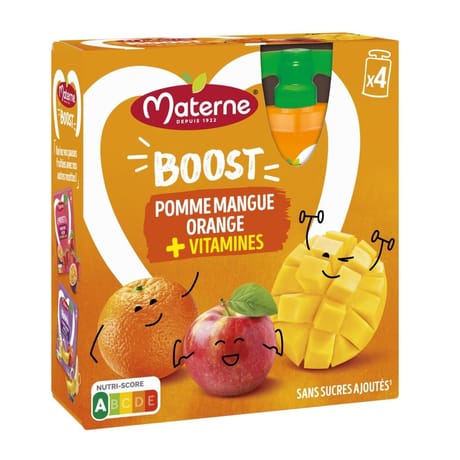 Materne compotes gourdes boost pomme mangue orange + multivitamines 4x90g