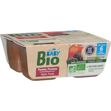 Carrefour baby bio dessert bébé pomme, pruneau dès 6 mois 4x100g
