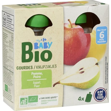 Carrefour baby bio dessert bébé pomme, poire dès 6 mois 4x90g