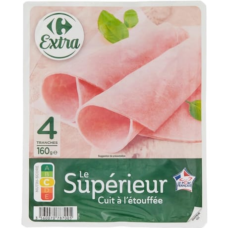 Carrefour extra jambon le superieur cuit à l'etouffée 4 tranches 160g