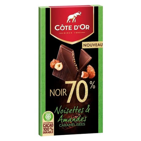 Côte d'Or noir 70% noisettes amandes caramélisées 100g