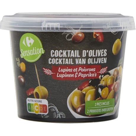 Carrefour sensation olives vertes cocktail poivrons/lupins 125g