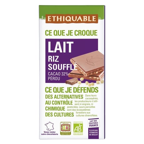Ethiquable chocolat au lait riz soufflé bio 100g