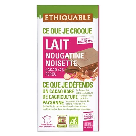 Ethiquable chocolat lait nougatine noisette bio 100g