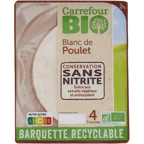 Carrefour bio blanc de poulet sans nitrite 4 tranches 140g