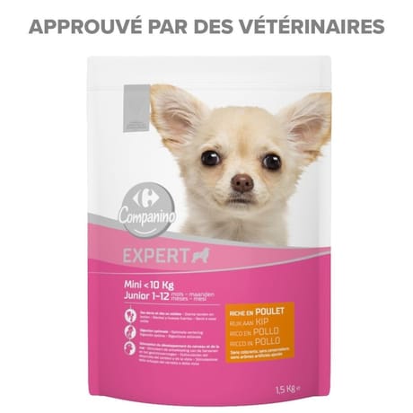 Carrefour companino croquettes pour chien Junior mini au poulet, aux pommes de terre 1,5kg
