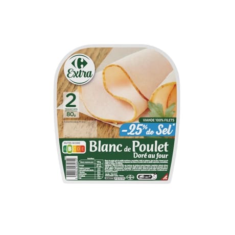 Carrefour extra blanc de poulet réduit en sel 2 tranches 80g