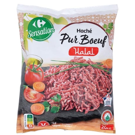 Carrefour sensation viande hachée halal pur boeuf 20% mg 1kg