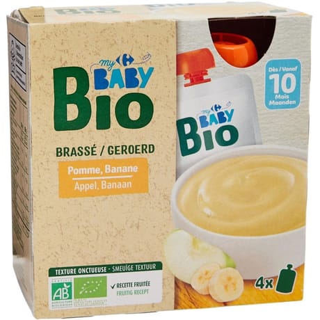 Carrefour baby bio dessert bébé pomme, banane 10 mois 4 x 85g