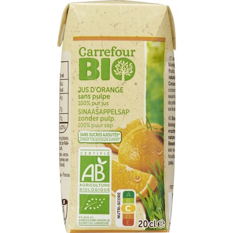 Carrefour bio pur jus d'orange sans pulpe 20cl