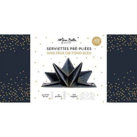 12 serviettes 40x60cm prépliées 1000 feux or fond bleu