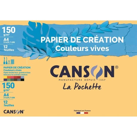 Canson pochette 12 feuilles création a4 150 grammes  couleurs vives