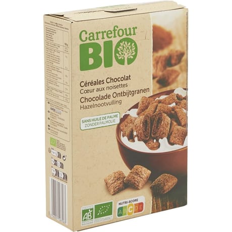 Carrefour bio céréales chocolat coeur aux noisettes 375g