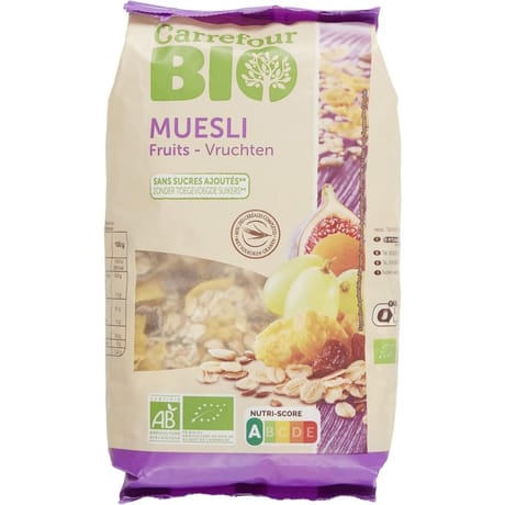 Carrefour bio muesli fruits mélange de flocons de céréales et de fruits secs bio 375g
