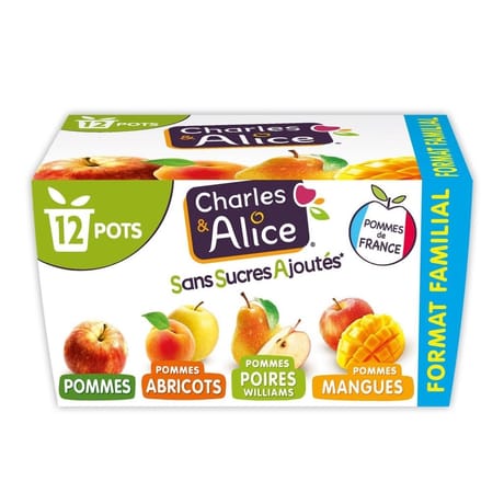 Charles & Alice spécialité de pommes poires abricots et mangues 12x100g sans sucres ajoutés