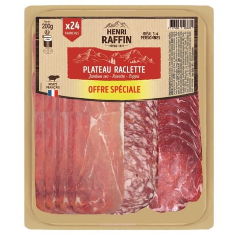 Henri Raffin plateau raclette jambon sec,rosette,coppa x 24 200g