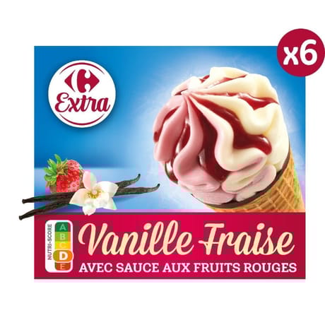 Carrefour extra 6 cônes vanille fraise avec sauce aux fruits rouges 404g