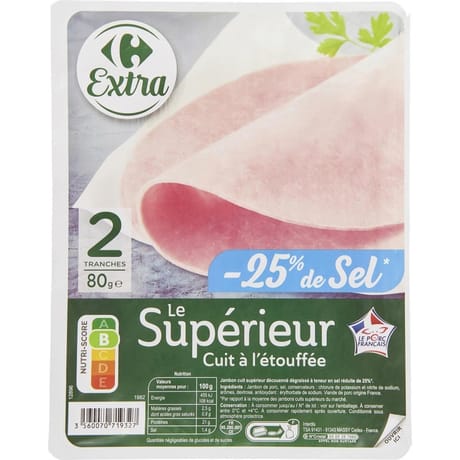Carrefour extra jambon supérieur sel réduit 2 tranches 80g