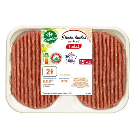 Steack haché halal 15% x2 200g Carrefour sensation