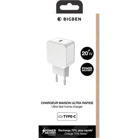 Bigben connected chargeur secteur 20w usbc chargement rapide recyclé blanc CS20WCPDRW