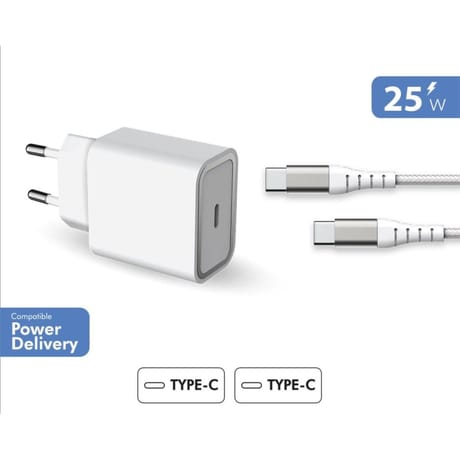 Force power lite chargeur secteur 25w power delivery+câble renforcé usb c/usb c FPLICS25WCBLCCRW