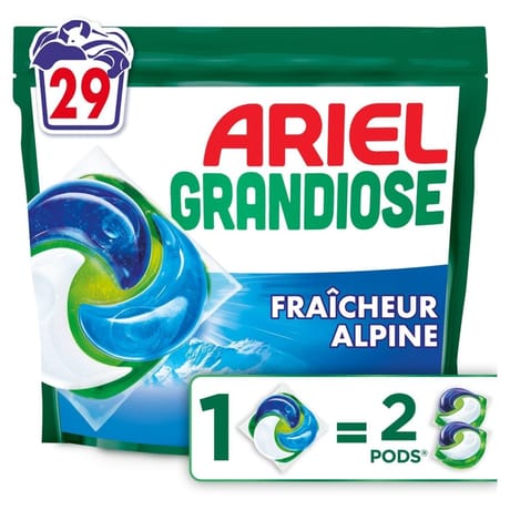 Ariel grandiose pods lessive liquide fraîcheur alpine x 29 capsules