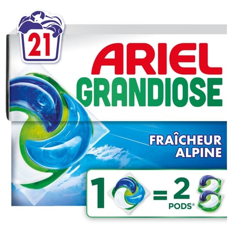 Ariel grandiose pods, lessive liquide en capsules 21 lavages, fraicheu