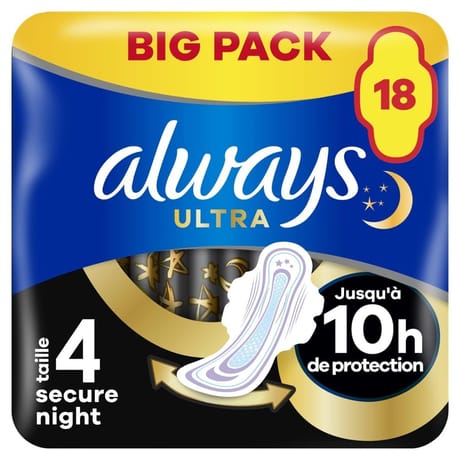 Always ultra serviettes hygieniques ailettes nuit secure  x18