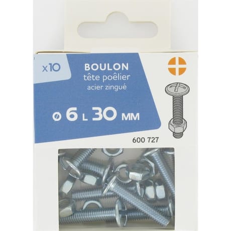 10 boulon tête poêlier acier zingué  6x30mm