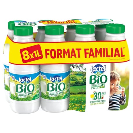 Lactel bio lait écrème bouteille 8x1l format famlial