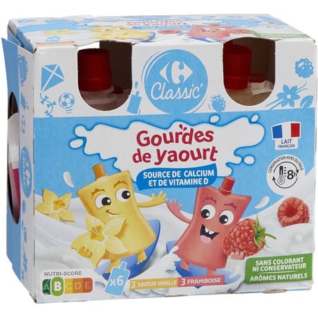 Carrefour Classic gourdes de yaourt framboise vanille 6x90g