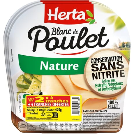 Herta blanc de poulet nature sans nitrite x4 lot 2+1 offert 420g