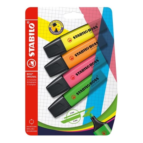 Blister carton 4 stabilo boss original - jaune + orange + rose + ver