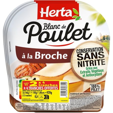 Herta blanc de poulet à la broche sans nitrite x4 lot 2+1 offert 420g